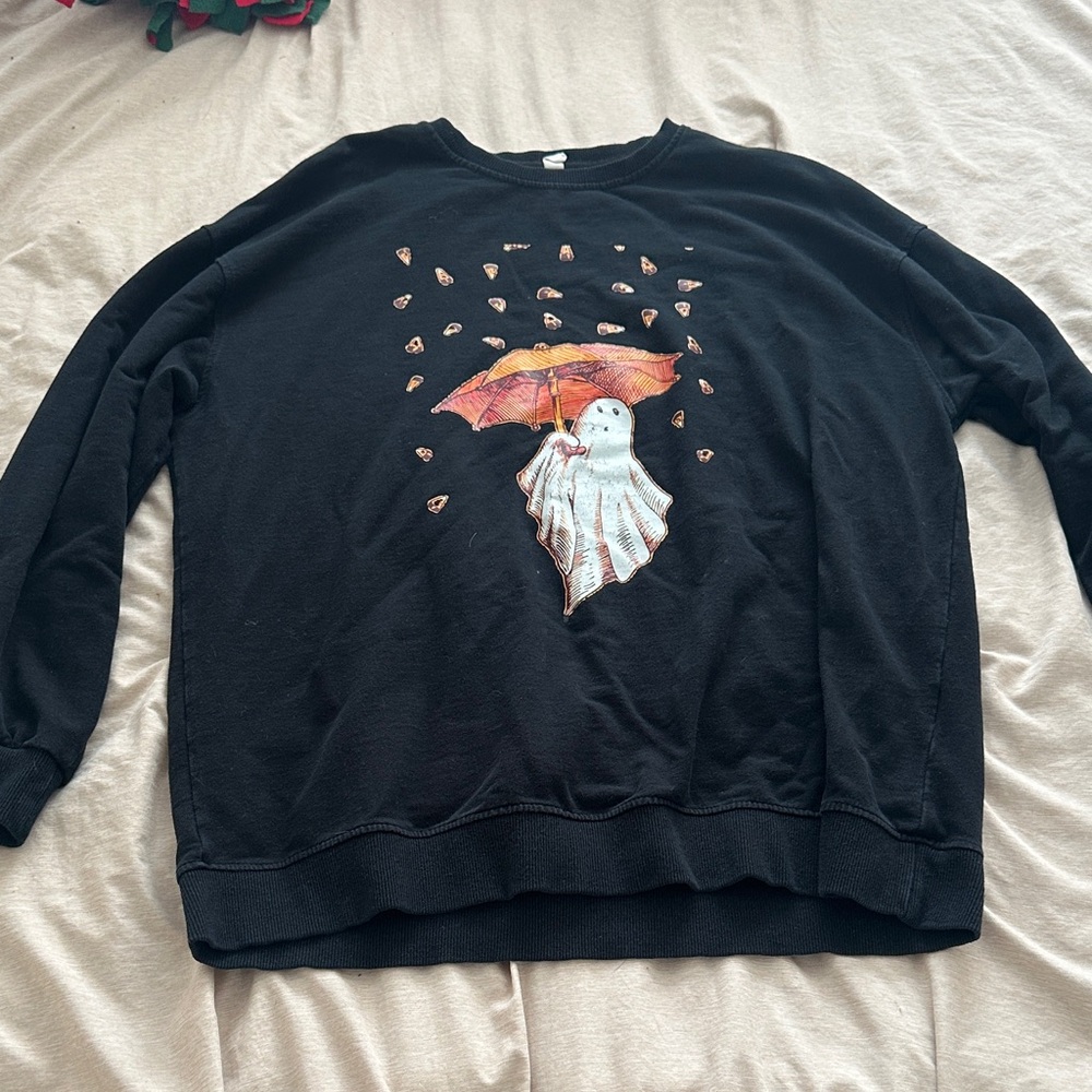 Playful Black Sweater with Ghost and Umbrella Design